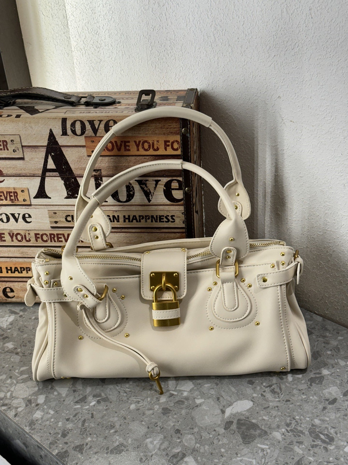 Vintage Distressed Padlock Crossbody Bag