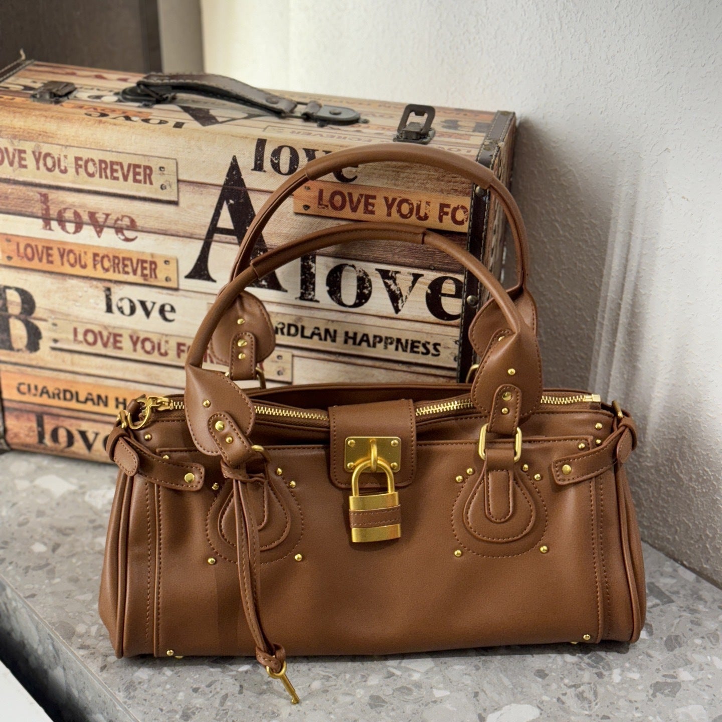 Vintage Distressed Padlock Crossbody Bag