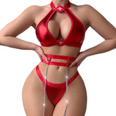 Nurse role-playing costume featuring a stylish red halter top and matching high-cut bottoms with chain details.