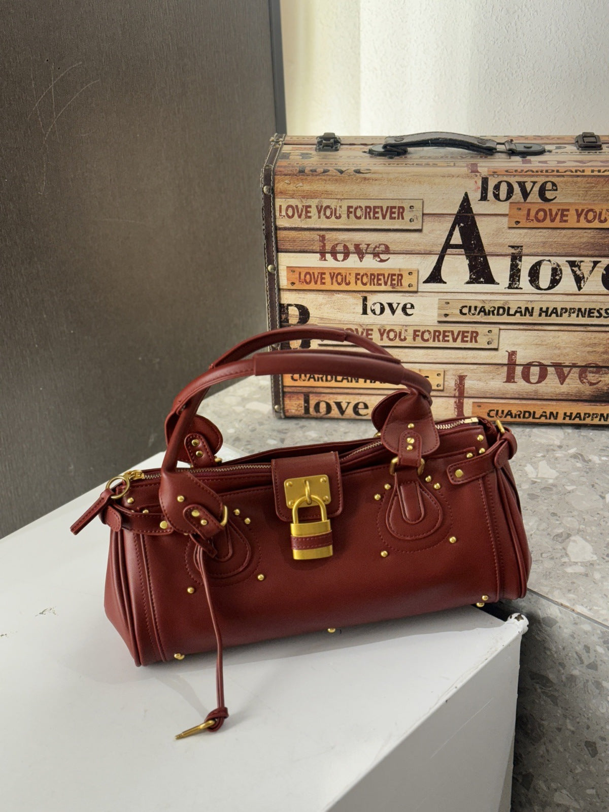 Vintage Distressed Padlock Crossbody Bag