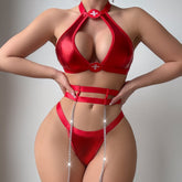Nurse role-playing costume featuring a red metallic top and bottom with cross details, perfect for role play.